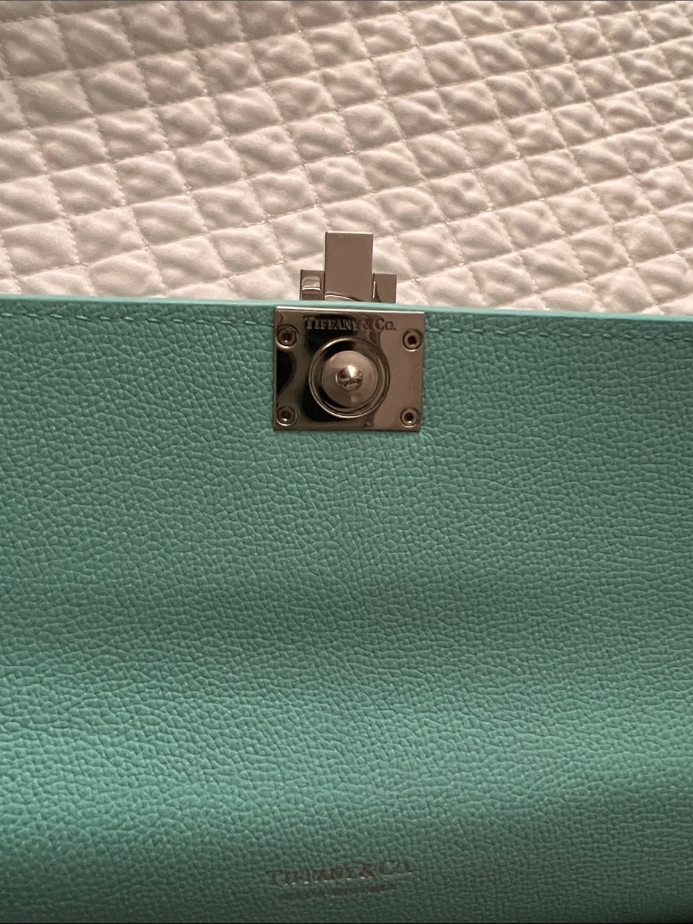 New! Tiffany & Co. Turquoise Leather Clutch with Silver-Tone Push Lock - Picture 8 of 11